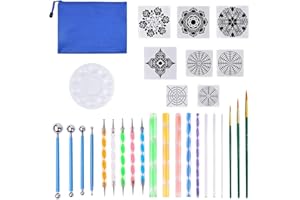 DOKPAV Kit 30 Pcs Outil Peinture pour Mandala sur Galet, Pochoir, Palette, Tiges en Acrylique et Outils de Pointage Double Face pour Mur/Pierre - Adultes