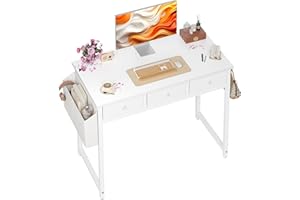 BEXEVUE Small Desk with Drawers, 100cm Comuputer Desk with Fabric Storage Drawers, Home Office Writing Desk for Small Spaces, White