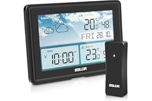 PlayDen Wetterstation Funk mit Außensensor, Thermometer Innen Außen, Hygrometer mit Wettervorhersage, Farbdisplay, DCF Funkuhr mit Wecker, Temperaturwarnung, zum Stellen/Hängen