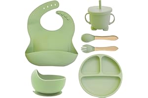 Tarrapu Baby Weaning Set BPA Free Silicone Feeding Set Suction Bowl Plate Green - Baby Led Weaning Set - Wooden Spoon & Fork - Cup - Divided Plate - Adjustable Bib - for Babies & Toddlers
