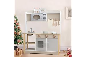 WUHUHAI Kids Play Kitchen, Wooden Toy Kitchen Cooking Set with 12 Pcs Kitchen Accessories, Children Pretend Role Play Kitchen for Boys and Girls 3+ Years Old