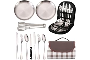 SMGBWAY 12Pcs Juego de Cubiertos Camping Set, Juego de Cubiertos Acero Inoxidable para 2 Personas con Cuchara, Tenedor, Cuchillo, tapete de Picnic y Bolsa de Cubiertos para Viajes, Camping, Escuela (Silver)