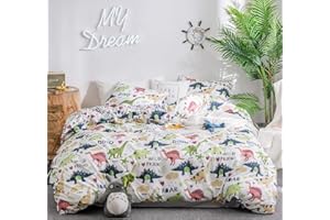 GETIYA 【Najnowszy】 Pościel dziecięca z motywem dinozaura, 100 x 135 cm, 2-częściowa, wzór dinozaura, biała, dla dziewczynek i chłopców, miękka pościel z mikrofibry, kolorowa pościel z motywem