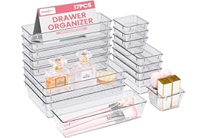 HOUSE DAY Makeup Drawer Organiser Trays 17 PCS, 4-Size Clear Drawer Organisers with Silicone Pads, Vanity Organisers and Storage, Non Slip Plastic Drawer Organiser for Desk Bathroom Kitchen Office