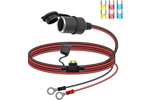 RIIEYOCA 12V/24V Cigarette Lighter Socket Extension Cable, Car Cigarette Lighter Female Socket to O Ring Terminal Cord with Waterproof Cover and 20A Fuse for Cars, Boats, etc.(1M)