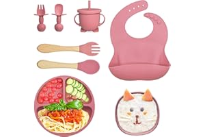 FAUXPONT Vajilla Bebe de Silicona 8 Piezas, Vajilla para Bebés Con Ventosa, Libre de BPA, Vajilla Apta para Lavavajillas y Microondas, Incluye Plato, Cuenco, Taza, 2 Tenedor, 2 Cuchara y Babero (Rosa-1)