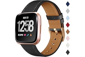 CeMiKa Bracelet en Cuir Compatible avec Fitbit Versa Bracelet/Fitbit Versa 2 Bracelet, Cuir Classique Band de Remplacement Compatible avec Fitbit Versa/Versa 2/Versa Lite/SE, Noir/Or Rose