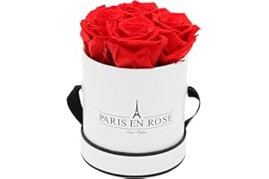 PARIS EN ROSE Rosenbox | mit 4 roten Infinity Rosen Größe XL | konservierte ewige Rose | runde Weiß-Schwarze Box |3 Jahre haltbar | Grußkarte