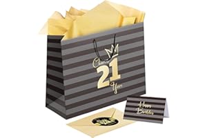 Sumerk 1 PC 13" Large Gift Bag with Card Stickers and Tissue Paper 21st Birthday Bag for Women Men Happy 21st Birthday Gift Bag