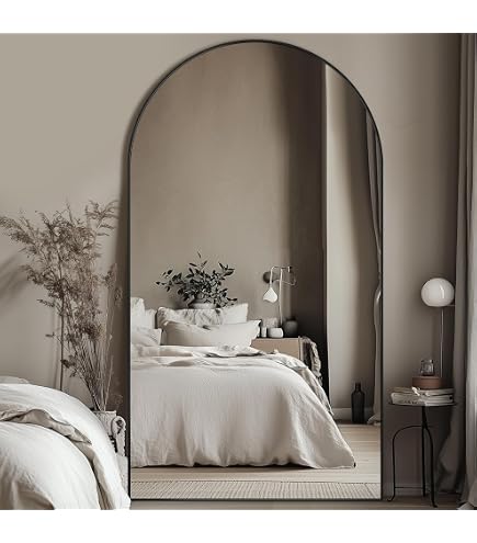 Miroir Sur Pied WOLIBEER 192x85 Cm - Cadre Aluminium Noir - Design Arqué - Pour Chambre, Salle De Bain, Entrée