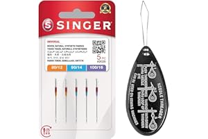 IPC SEWING PARTS Singer Universal 2020 Sewing Machine Needles, Packet of 5, Assorted Sizes 80/12, 90/14 & 100/16, Includes Large Needle Threader
