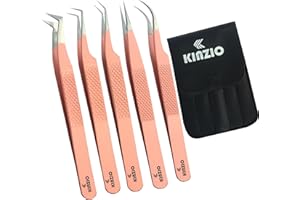 KINZIO Pinzette per extension ciglia Set di 5 pinzette, in acciaio inossidabile giapponese, dritte curve 45 Pinzette per ciglia con volume di 90 gradi (Set da 5 pezzi, rosa)