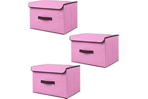 EURXLQ 3 Składane pudełko do przechowywania z pokrywką Składany pojemnik do z lnianej tkaniny z klapką i uchwytami, koc na ubrania do Domu, Szafa (Różowy, 36×23×24 cm)