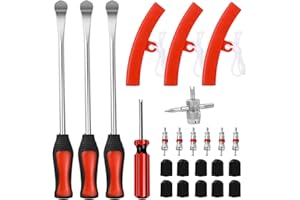 MINJUNA 24 Pcs Tyre Valve Removal Tool, Tire Changing Spoons Lever Iron Tool Kit, Tire Mounting Tool with 11.5 Inch Tire Lever, 3 Tyre Rim Protectors, 10 Tyre Valve Caps for Motorcycle Bicycle Car (Silver)