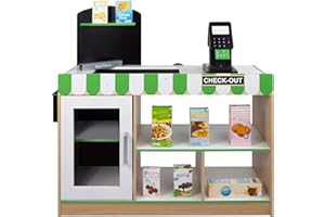 WOOMAX Supermarché 85386 Jouet en Bois avec Accessoires, Tente comptoir Jouet lumière et Sons, Caisse enregistreuse Jouets, Tableau Noir pour Enfants 3 Ans éducatif