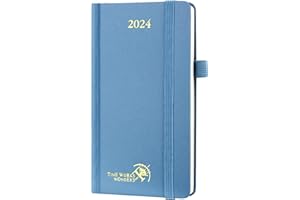 POPRUN Week to View Slim Diary 2024 Pocket Size 16.5 x 9 cm Hardback 24 Weekly Planner with Dotted Note Pages, Inner Pocket, FSC® Paper - Haze Blue