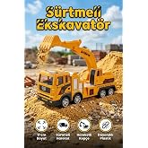 Oyuncak Sarı Kep&ccedil;e Ekskavat&ouml;r - S&uuml;rtmeli Hareketli İnşaat Kamyonu İş Makinesi (17 cm)