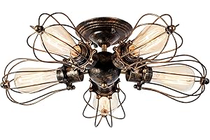 LULING Vintage Ceiling Light Industrial, Chandeliers E27 Socket Metal Wire Cage Lamp Semi-Flush Mount Rustic Ceiling Light Metal Lamp Fixtures (No Bulb) (with 5 Light) (Bronze)