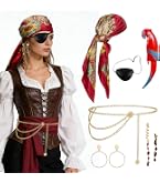 UILYNIU – Déguisement Pirate Femme – Foulard, Cache-Œil, Perroquet Gonflable, Ceinture, Boucles D'Oreilles Et Accessoires Cheveux – Pour Halloween, Carnaval, Fête