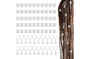 JINTANG Lot de 70 bijoux pour cheveux argentés, dreadlocks pour femme, bijoux de cheveux, bijoux de festival, 50 anneaux pour cheveux et 20 bijoux pentagramme, bagues pour tresses, avec boîte de