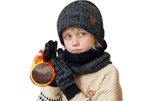 TMEOG Bonnet Enfant Cache Cou Gants Garcon Fille Tour de Cou Polaire Snood Bonnet Hiver Gants Tactiles Ensemble Bonnet Echarpe Gant 4-10 Ans