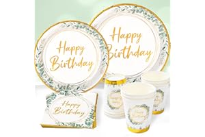 QIFU Kit Vaisselle Jetable Anniversaire Verte - 96 Pièces Assiette Jetable Joyeux Anniversaire Vert Sauge, Assiettes Tasses Serviettes pour Decoration D'anniversaire Garçons Filles Femme Fête (24 Invités)
