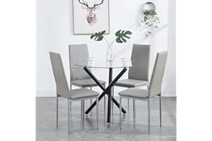 paonne Round Glass Dining Table Set 5 Pieces Dining Table Chair Set for Home Kitchen Round Tripod Chrome Legs Table with 4 PU Chairs, Contemporary Dining Room Set (020 Table with 004 Chairs)