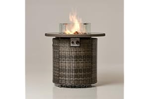 REALGLOW Grey Coreglass Rattan Gas Fire Pit - 13KW Round Tempered Glass Surface Propane Standing Fire Pit - w/Wind Guard, Lava Rock & Waterproof Cover - Space Heater for Garden, Deck, Outdoor Bars