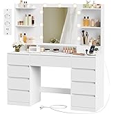 VASAGLE Vanity with LED Mirror, Tool-Free Assembly, 9 Drawers | Power Strip, Dimmable LED Mirror, 3 Color Lighting, Cloud Whi