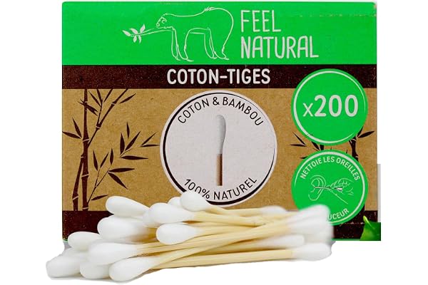 Coton Tige Bambou - Boîte 200 Cotons tiges blanc Bambou Feel Natural - Hygiene Oreille, Demaquillage