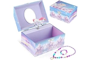 Homtibrm Musical Jewellery Box for Girls with Unicorn Jewelry Set, Kids Jewellery Box Music Box with Spinning Unicorn Birthday Gifts for Girls,Dreamy Unicorn Tune