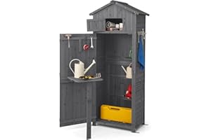 COSTWAY Gartenschrank Holz, Gerätehaus wetterfest, Geräteschuppen mit klappbarem Tisch & Tür & 8 Haken, Holzschuppen mit Satteldach, Geräteschrank Gartenschuppen, für Garten, Terrasse, Hof (Grau)