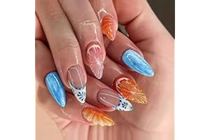 GlamRays 24 sztuki 3D do wyciskania paznokci, krótkie paznokcie migdałowe, lato, sztuczne paznokcie, francuskie tipsy do paznokci, klej do paznokci, sztuczny akryl