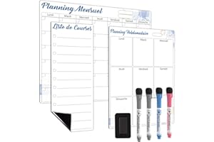 ANLIOTE Calendrier Mensuel et Hebdomadaire Magnétique pour Frigo et Petit Tableau Liste de Courses avec 4 Marqueurs et 1 Effaceur, Idéal pour Organisation des Repas, Planning Familial
