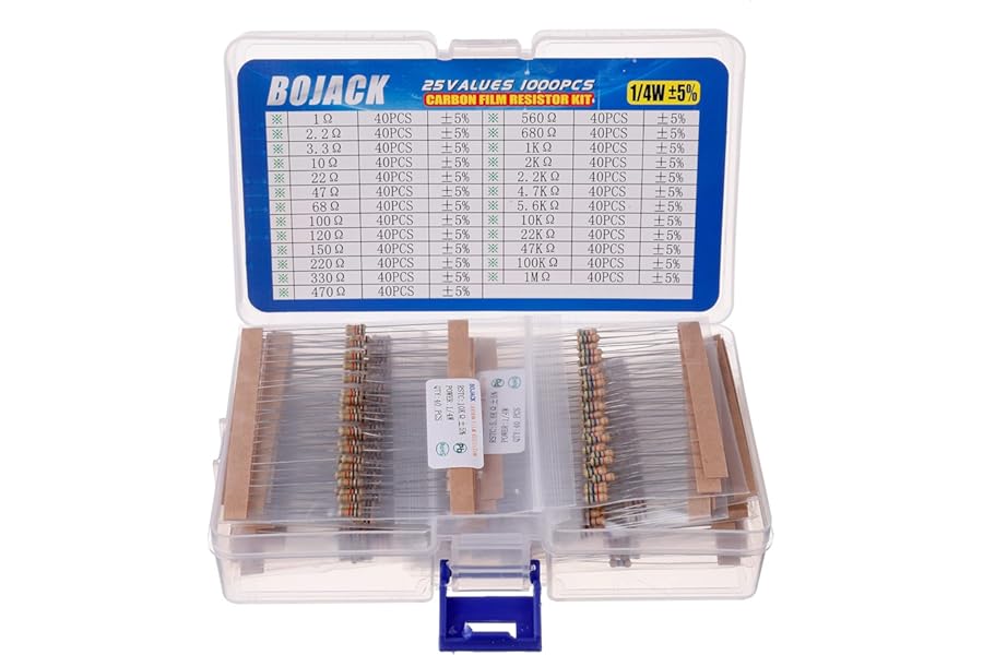 BOJACK Resistor Assortment Kit 1 Ohm - 1M Ohm 1/4W Carbon Film (25 Values 1000 Pcs)