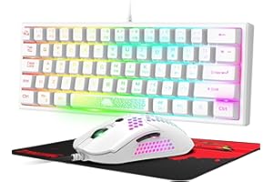 LexonElec K61-60% Bianco Tastiera E Mouse Da Gaming Con Retroilluminazione RGB, Mini Compatta 62 Tasti Meccanica Tatto QWERTY - 6400 Dpi Led Topo Ultraleggera Cavo Flexible Per Win Mac PC Tablet