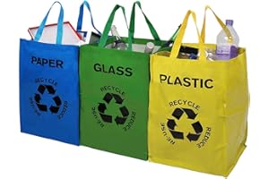 Ossian Recycling Bags – Set of 3 Heavy Duty Colour Coded Reusable Paper Plastic Glass Household Recycle Waste Bin Sack Sorting with Strong Handles and Secure Attachments for Home Office Work Garden