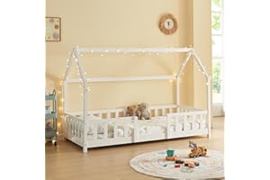 ‎[EN.CASA] [en.casa] Kinderbett Sisimiut Hausbett Montessori 90 x 200 cm mit Rausfallschutz Holzbett für Kinder Bodenbett Lattenrost Kiefernholz Weiß matt