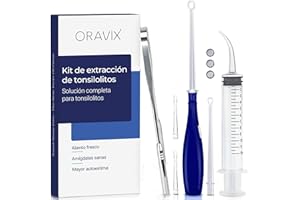 Kit de extracción de tonsilolitos o piedras amígdalas de 3 herramientas para eliminar el mal aliento: Tonsil scoop, Raspador de lengua de cobre, Jeringa de 12 ml con punta curvada. ORAVIX