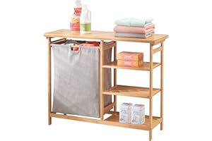 mDesign Washing Basket Unit – Laundry Hamper with Pull-Out Bag – Unit with Integrated Storage Shelves for Washing and Bathroom Accessories – Natural Bamboo