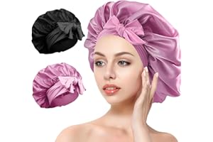 WOLEEUP Silk Satin Hair Bonnet for Sleeping - 2PCS Silk Sleep Bonnets for Women Curly Hair, Soft Breathable Satin Bonnet with Tie Band Hair Wrap Cap for Sleeping