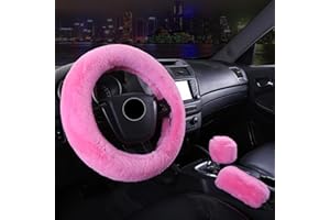 AYNKH 3Pcs Winter Warm Plush Steering Wheel Cover，38 cm Fluffy Wheel Cover，Handbrake Cover，Gear Shift Cover，Car Decoration for Women&Car Lovers,Pink