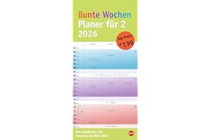 Bunte Wochen Planer für 2 2026: Praktischer Wandplaner für zwei mit 3 Spalten. Wandkalender mit Schulferien und 3-Monats-Ausblick aufs Folgejahr. ... 2026 zum Eintragen. (Familienplaner Heye)