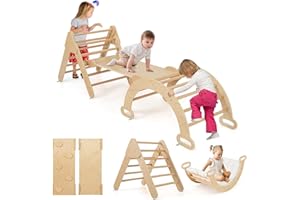 ‎COSTWAY COSTWAY Kletterdreieck mit Rutsche, Kletterbogen, inkl. Kissen & doppelseitige Rampe, zum Klettern, Rutschen und Wippen, 4 in 1 Klettergerüst Indoor ab 1 Jahr (Holzfarbe)