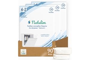 Natulim Pastillas de Lavavajillas 90 Usos - Biodegradables e Hidrosolubles 6 en 1 - Limpieza Profunda, Abrillantador, Función Sal, Protección Cristal, Descalcificador, Efecto Secado Extra - 3 Pack