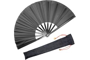 OMyTea Chinese Kung Fu Tai Chi Large Hand Folding Fan for Men/Women - With a Fabric Case for Protection - For Performance/Dance/Fighting/Gift (Black)