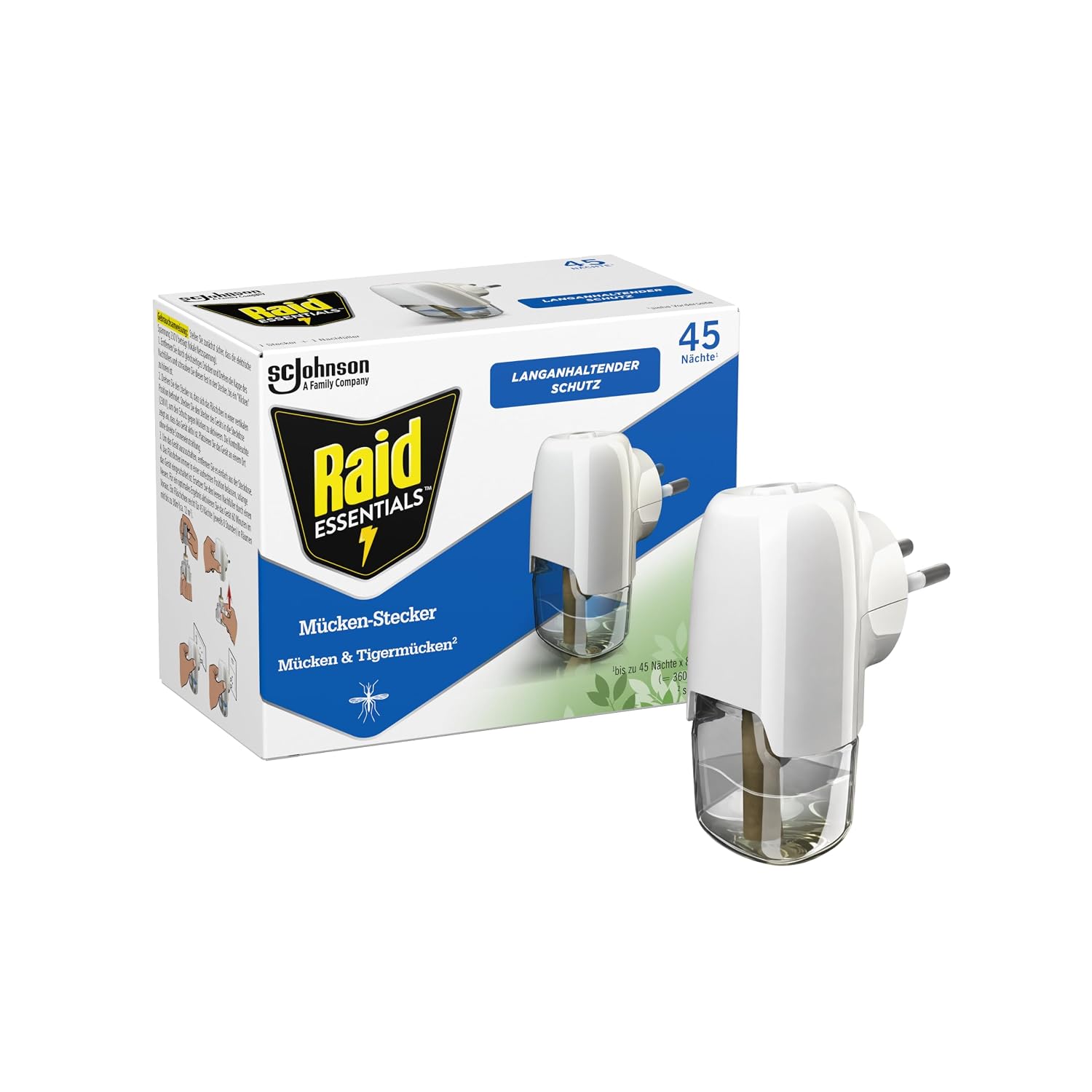 Raid Essentials Mückenstecker 45 Nächte, Insekten-Schutz, 1er Pack | Elektrischer Anti Mücken Stecker, schützt vor Mücken & Tigermücken, mit pflanzlichen Wirkstoffen, geruchsneutral
