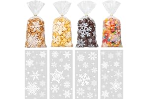 GOMANCHE Sachet de Bonbons Noël, 100 Pièces Sac de Flocon de Neige, Sac à Biscuits Transparent Avec 100 Attaches Torsadées Pour Décoration de Fête, 4 Styles Assortis