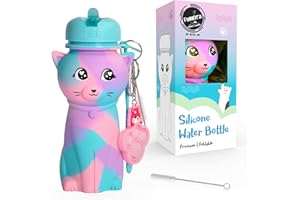 FUNKITZ BY ATOZ UK Bouteille d'eau pour enfants - Sans BPA, enroulable, en silicone souple, résistant aux chutes - Gourde chat arc-en-ciel - Rentrée scolaire pour filles - 500ml