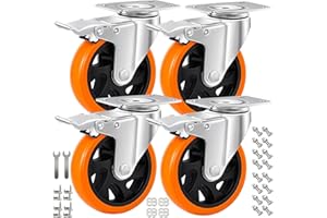 RRIUTO Furniture Castor Wheels with Brakes, 125mm Heavy Duty Wheel Castors Bearing 800KG Swivel Trolley Casters with Screws, PU Trolley Wheels for Furniture